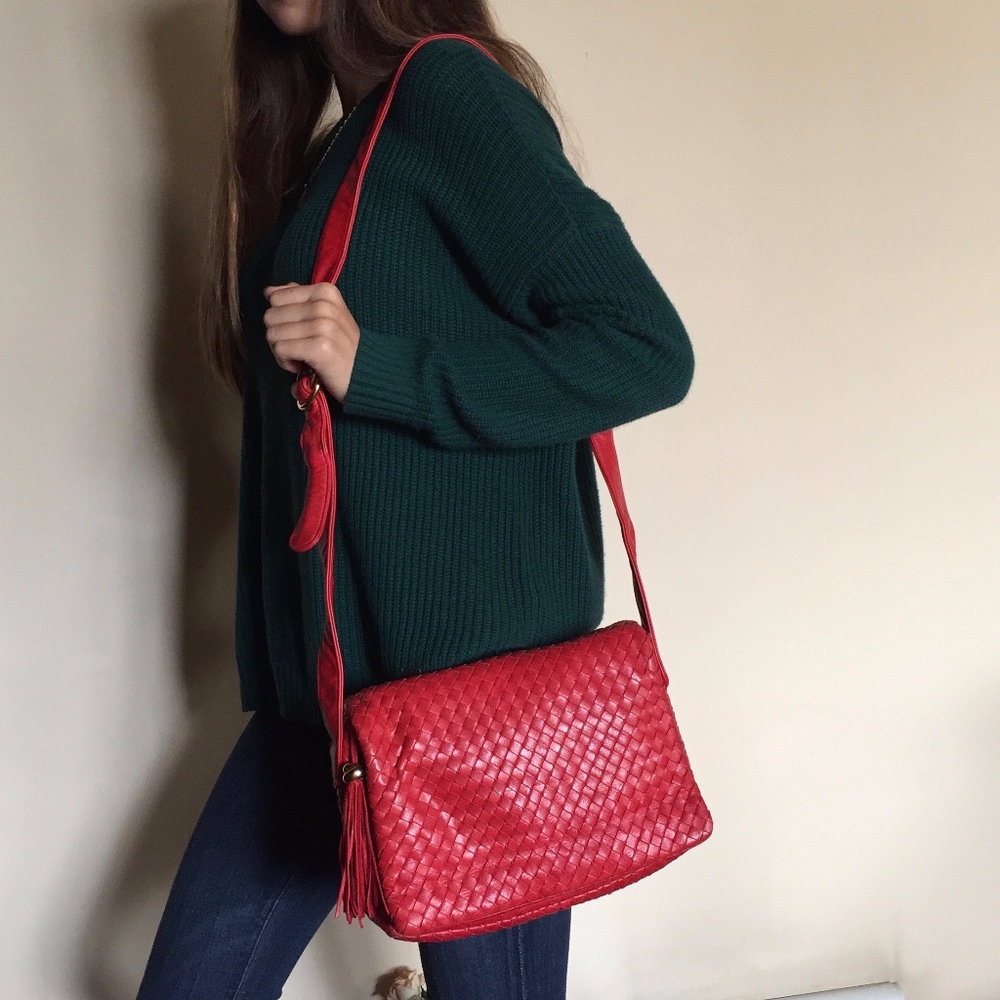 Red Woven Leathered Shoulder Bag